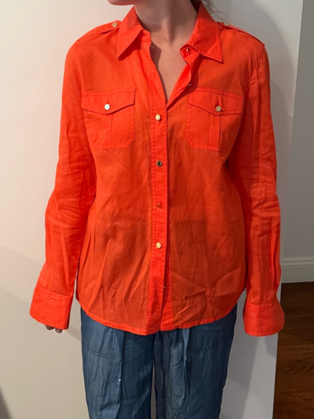 Tory Burch Orange Button-Down Cotton Shirt